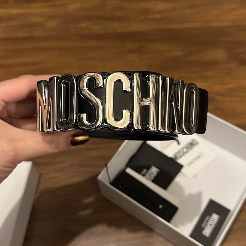 Moschino Black Belt with Metallic Lettering